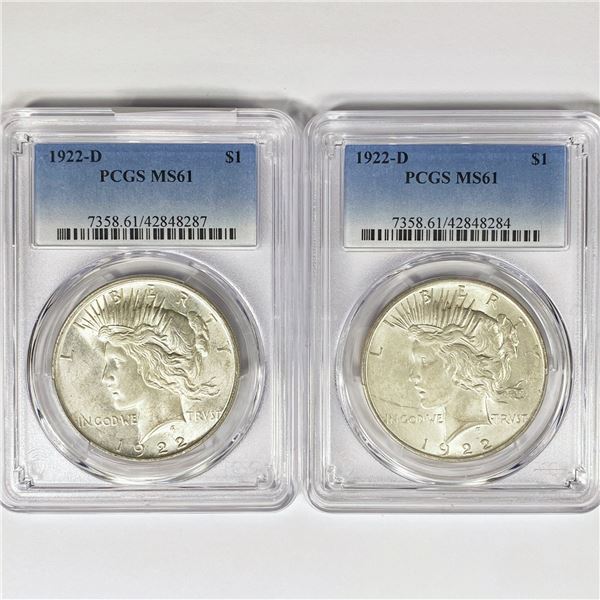 1922-D Set (2) Silver Peace Dollar PCGS MS61