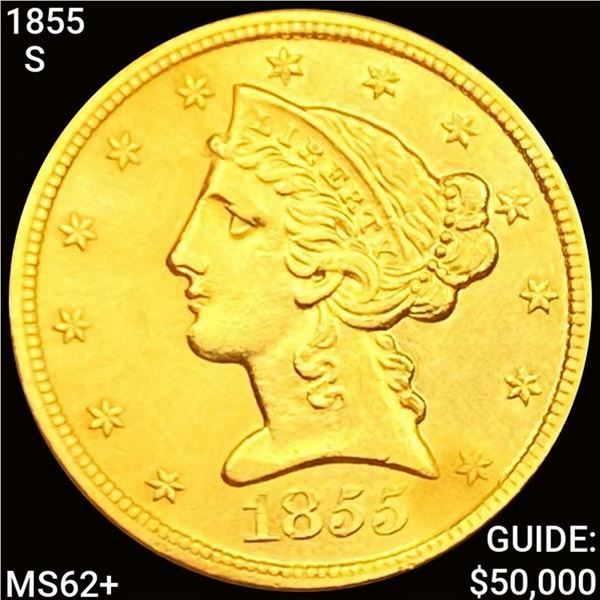 1855-S $5 Gold Half Eagle UNCIRCULATED +