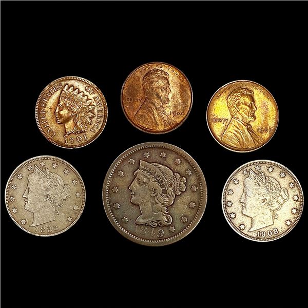 (6) Misc Coins (1849, 1883, 1901, 1908, (2) 1909)