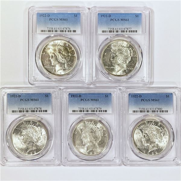 1922-D Set (5) Silver Peace Dollar PCGS MS61