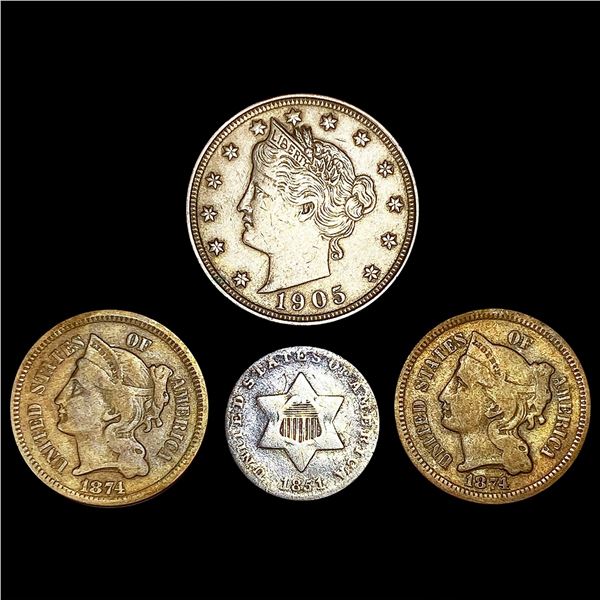 (4) Misc Coins (1851, (2) 1874, 1905) NICELY CIRC