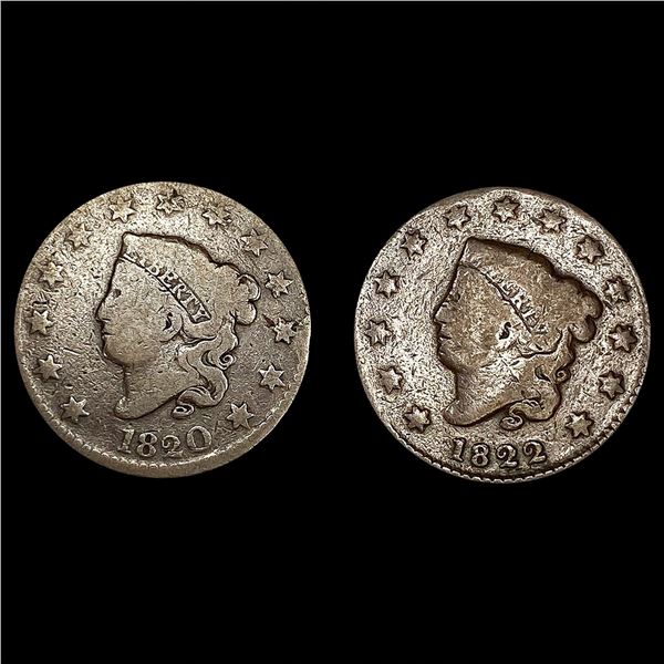 (2) Large Cents (1820, 1822) NICELY CIRCULATED