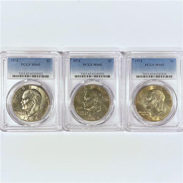 1974 Set (3) Eisenhower Silver Dollars PCGS MS65