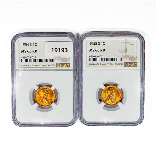 1954-S, 1955-S (2) Wheat Cent NGC MS66 RD