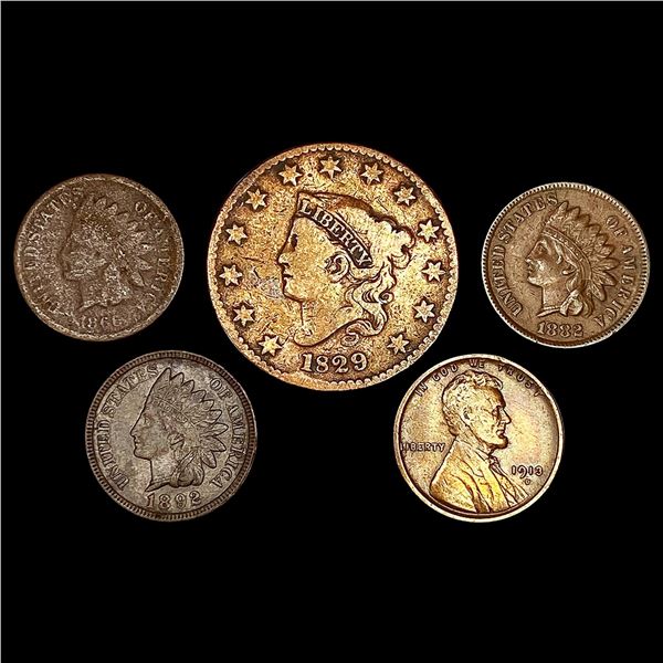 (5) Misc Cents (1829, 1866, 1882, 1892, 1913-D) N