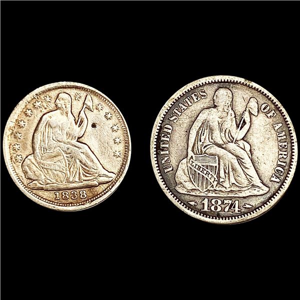 (2) Misc Seated Liberty (1838, 1874) NICELY CIRCU