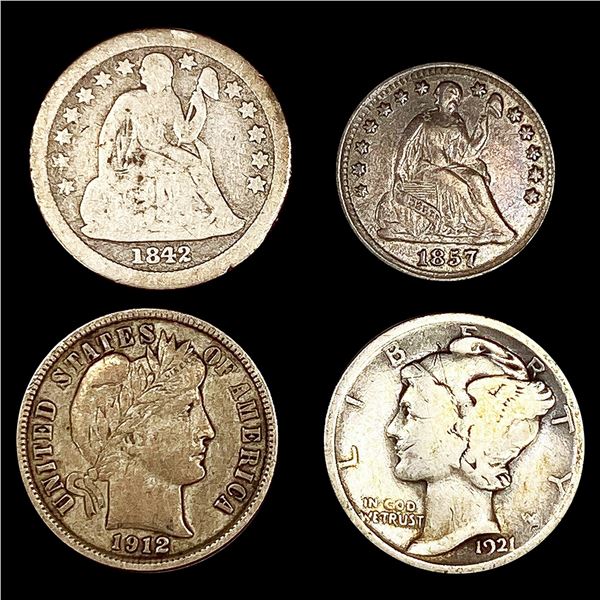 (4) Misc Dimes (1842-O, 1857, 1912, 1921) NICELY