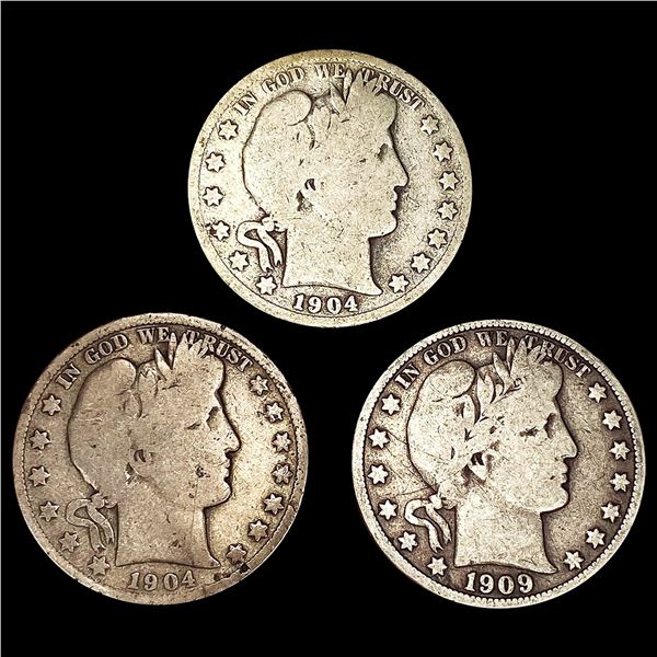 (3) Barber Half Dollars ((2) 1904-S, 1909) NICELY