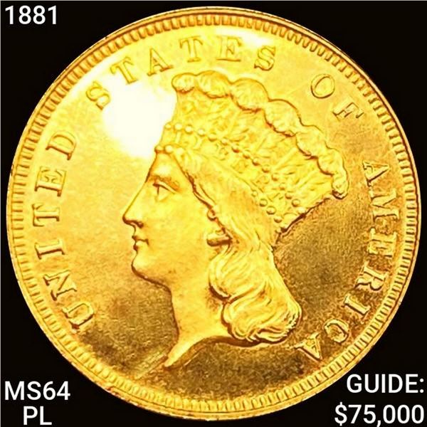 1881 $3 Gold Piece CHOICE BU PL