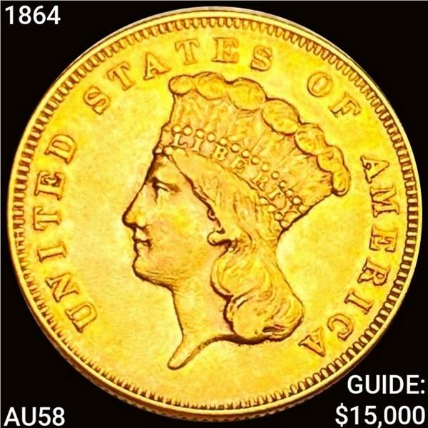 1864 $3 Gold Piece CHOICE AU
