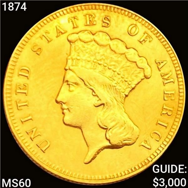 1874 $3 Gold Piece UNCIRCULATED