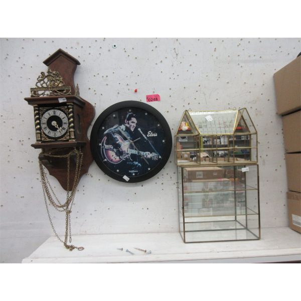 Elvis Clock, Wood w/ Brass Clock & 2 Glass Shelves