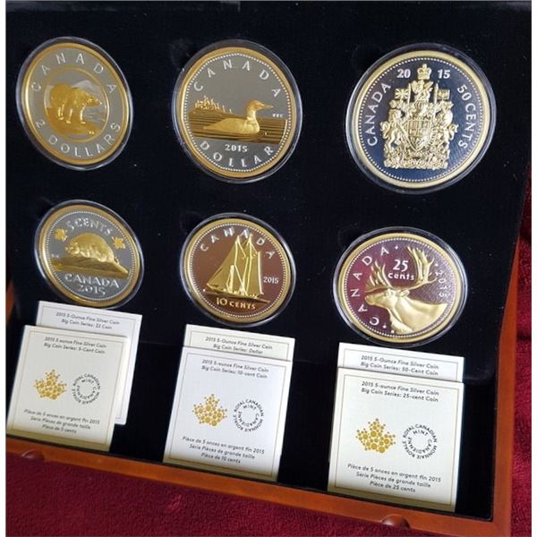 2015 Canada Fine Silver 5 oz. Big Coin - 6 Coin Set With Display Case