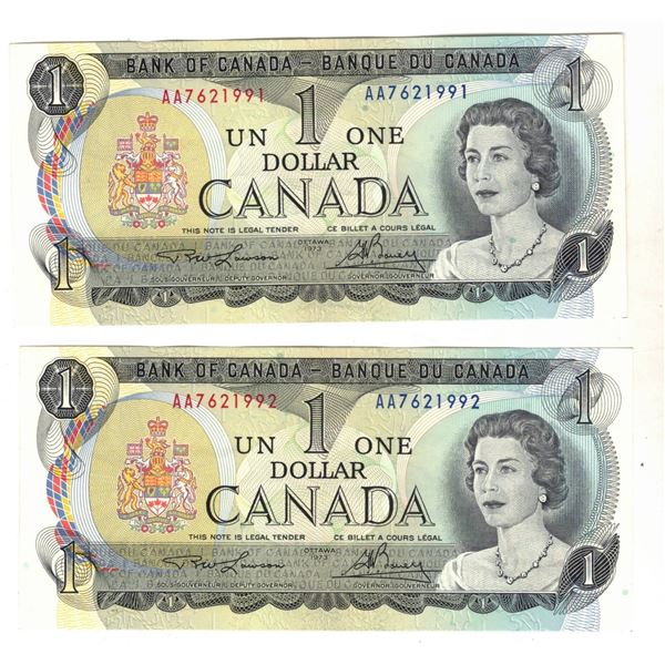 TWO Consecutive 1973 One Dollar Bills  , AA7621992 and  AA7621991