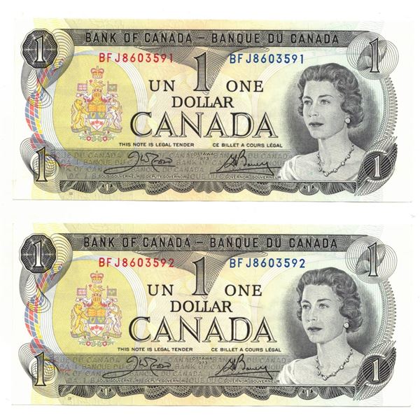 TWO Consecutive 1973 One Dollar Bills  , BF J8603591 and BF J8603592