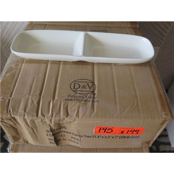 Qty 144 Fortessa DV.70430 White 2 Compartment Canoe Trays 11"x3.5" New in Box