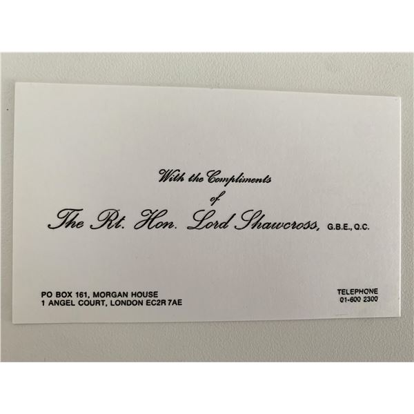 Sir Hartley W. Shawcross unsigned business card.