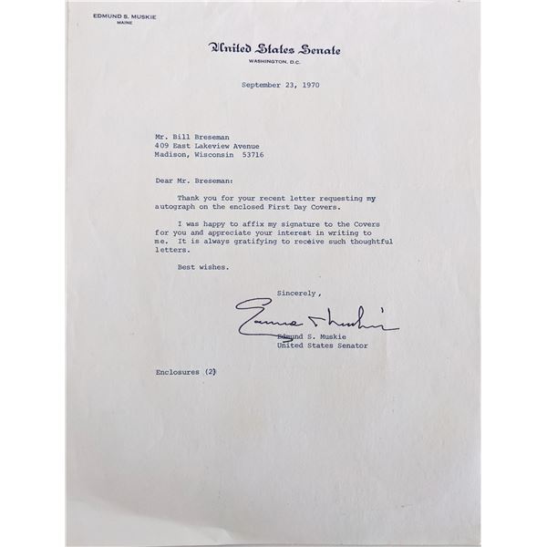 US Senator Edmund Sixtus Muskie signed letter
