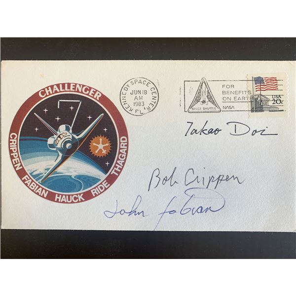 Takao Doi and John Fabian and Bob Crippen signed first day cover