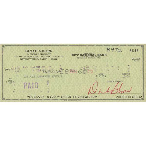Dinah Shore signed check