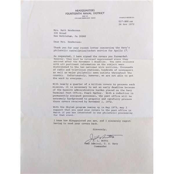 Lieutenant John Butts signed letter