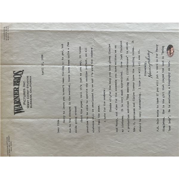 Warner Brothers Humphrey Bogart signed letter. ACE authenticated