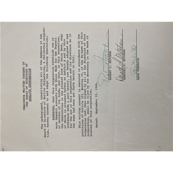 Robert Mitchum signed Dorlite Corporation Document