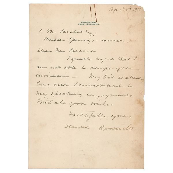 Theodore Roosevelt Letter Signed