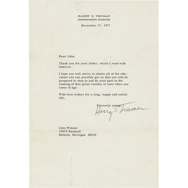 Truman Letters Harry S. Truman Typed Letter Signed