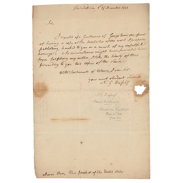 Aaron Burr Hand-Docketed Letter by Nicolas G. Dufief