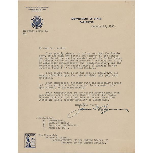 James F. Byrnes Typed Letter Signed