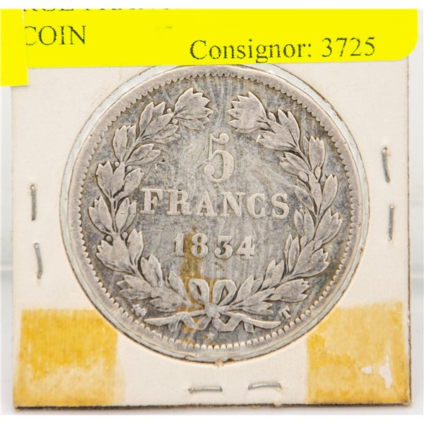 1834 LARGE FRANCE SILVER 5 FRANC COIN