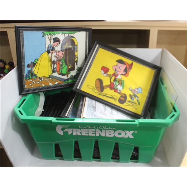 ONE BIN OF FRAMED DISNEY CHARACTERS AND