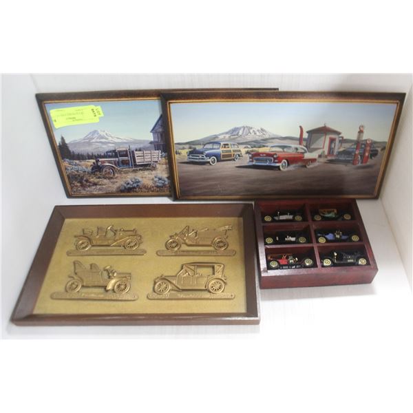 LOT OF 4 AUTO RELATED PICTURES AND 6 MINI
