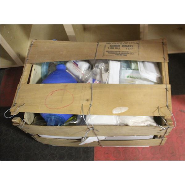 ONE WOODEN CRATE WITH FIRST AID SUPPLIES
