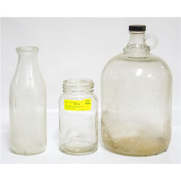 VINTAGE MASON JAR, MILK BOTTLE, HI BOY
