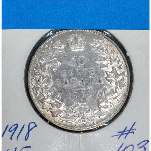 1918 SILVER CANADA 50 CENT COIN VF