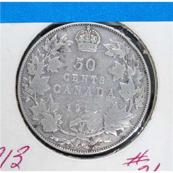 1913 SILVER CANADA 50 CENT COIN VG