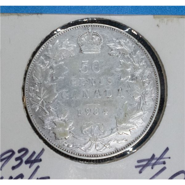 1934 SILVER CANADA 50 CENT COIN F