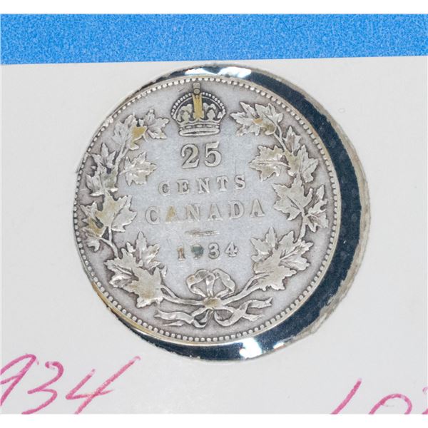 1934 CANADA SILVER 25 CENT VG