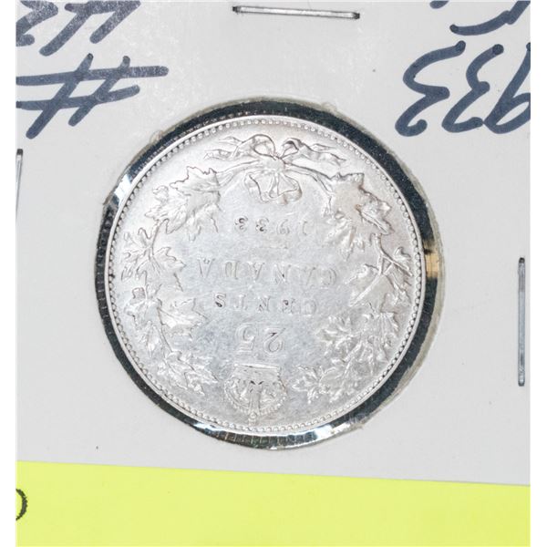 1933 CANADA SILVER 25 CENT F