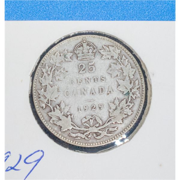 1929 CANADA SILVER 25 CENT VG