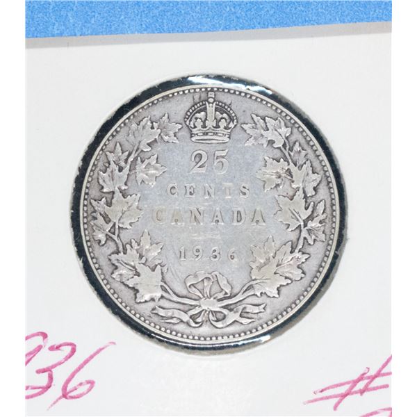 1936 CANADA SILVER 25 CENT F
