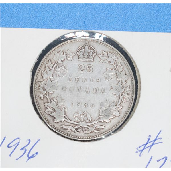 1936 CANADA SILVER 25 CENT F