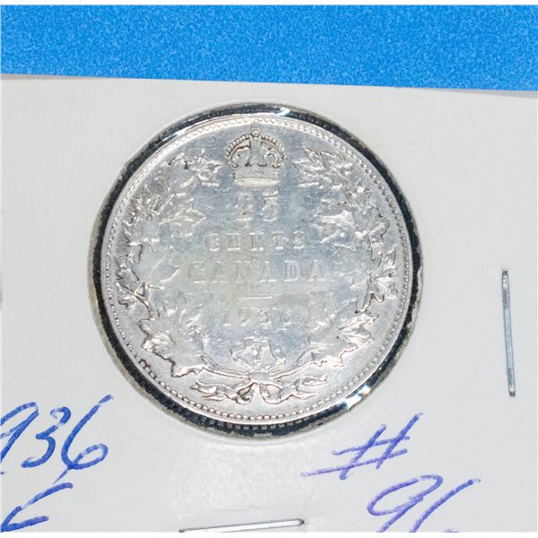 1936 CANADA SILVER 25 CENT F