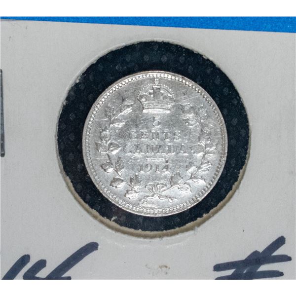 1914 CANADA SILVER 5 CENT COIN F