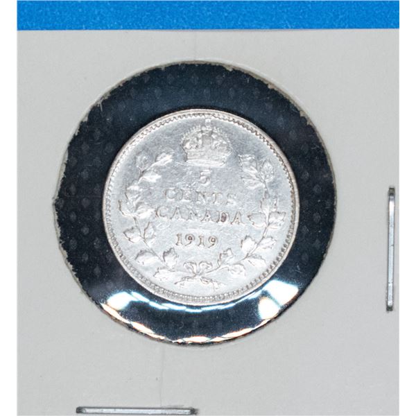 1919 CANADA SILVER 5 CENT COIN VF