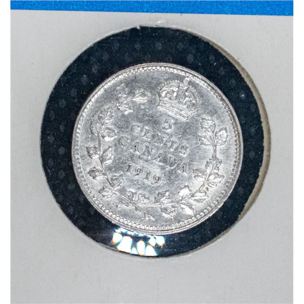 1919 CANADA SILVER 5 CENT COIN EF