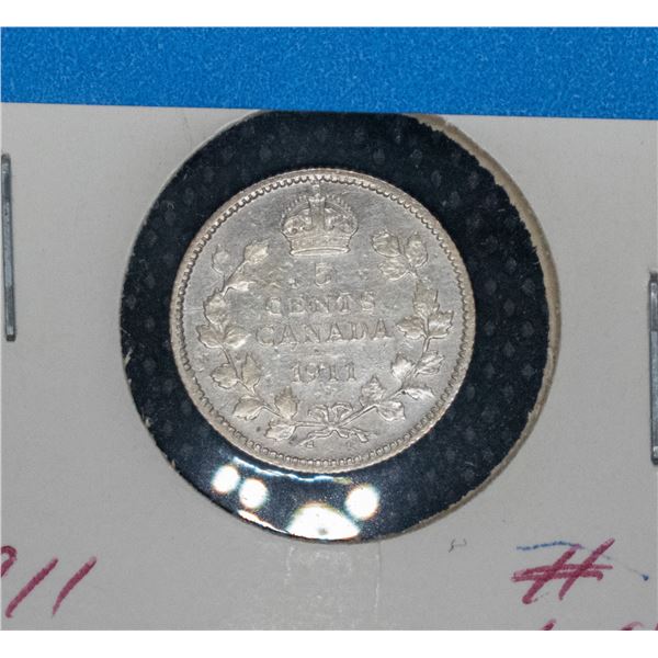 1911 CANADA SILVER 5 CENT COIN F