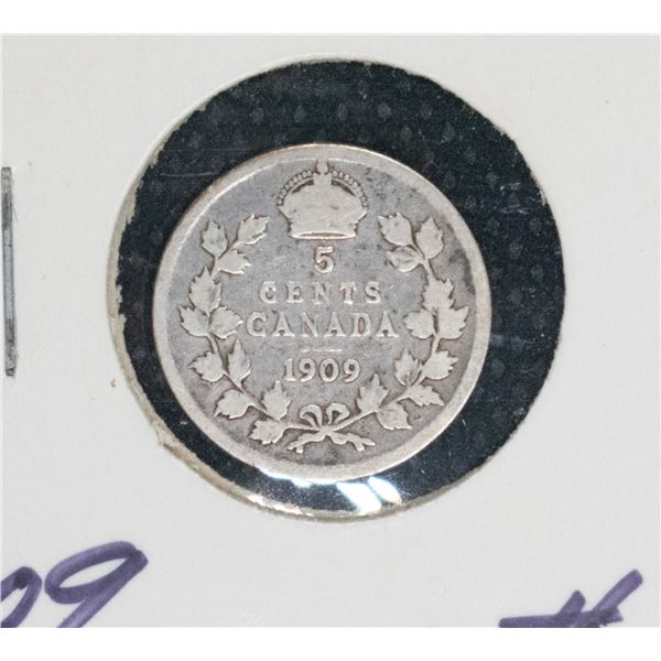 1909 CANADA SILVER 5 CENT COIN VG